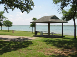 a picnic shelter overlooking Joe Pool Lake